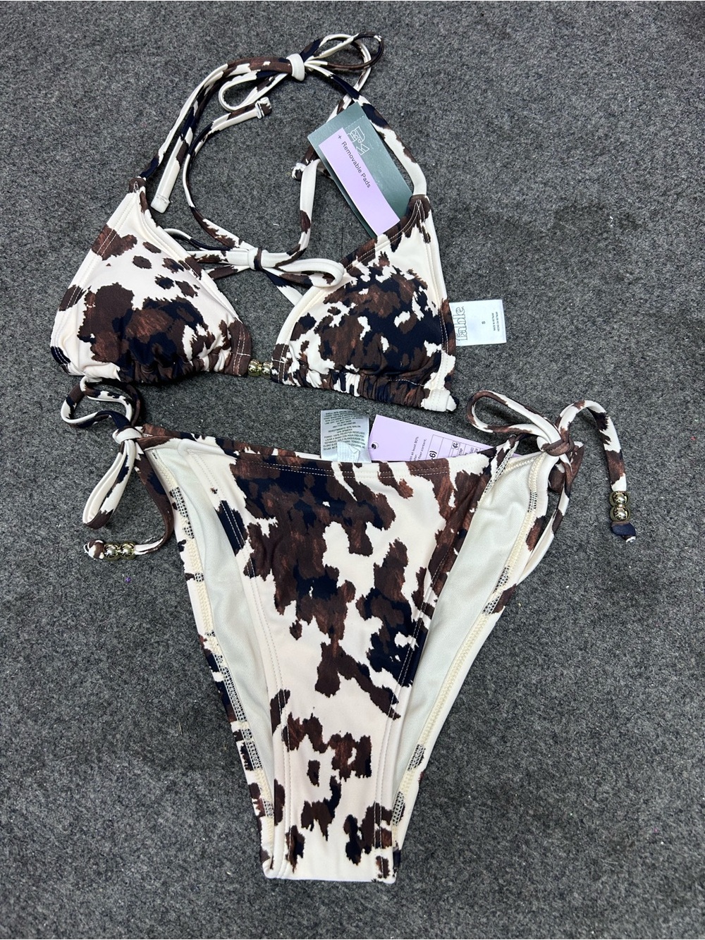Brown Cow Print Tie-Side Bikini One-Piece Top & Bottom Set - Kids